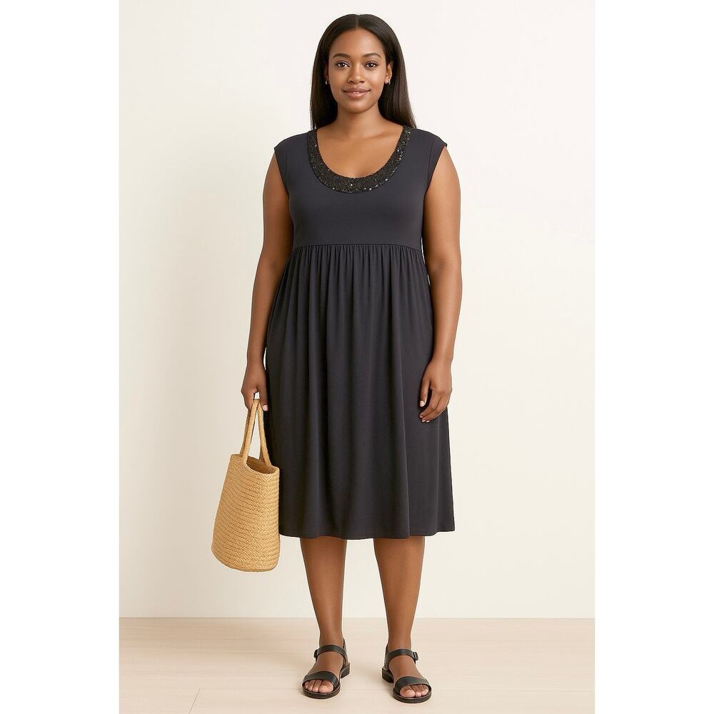 Garnet Hill Black Dress with Sequin Detail small cotton blend knee length